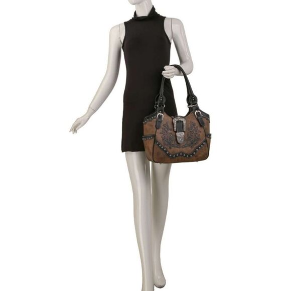 3a. Brown and Black Western Style Rhinestone Women's Handbag Purse - Picture 7 of 7